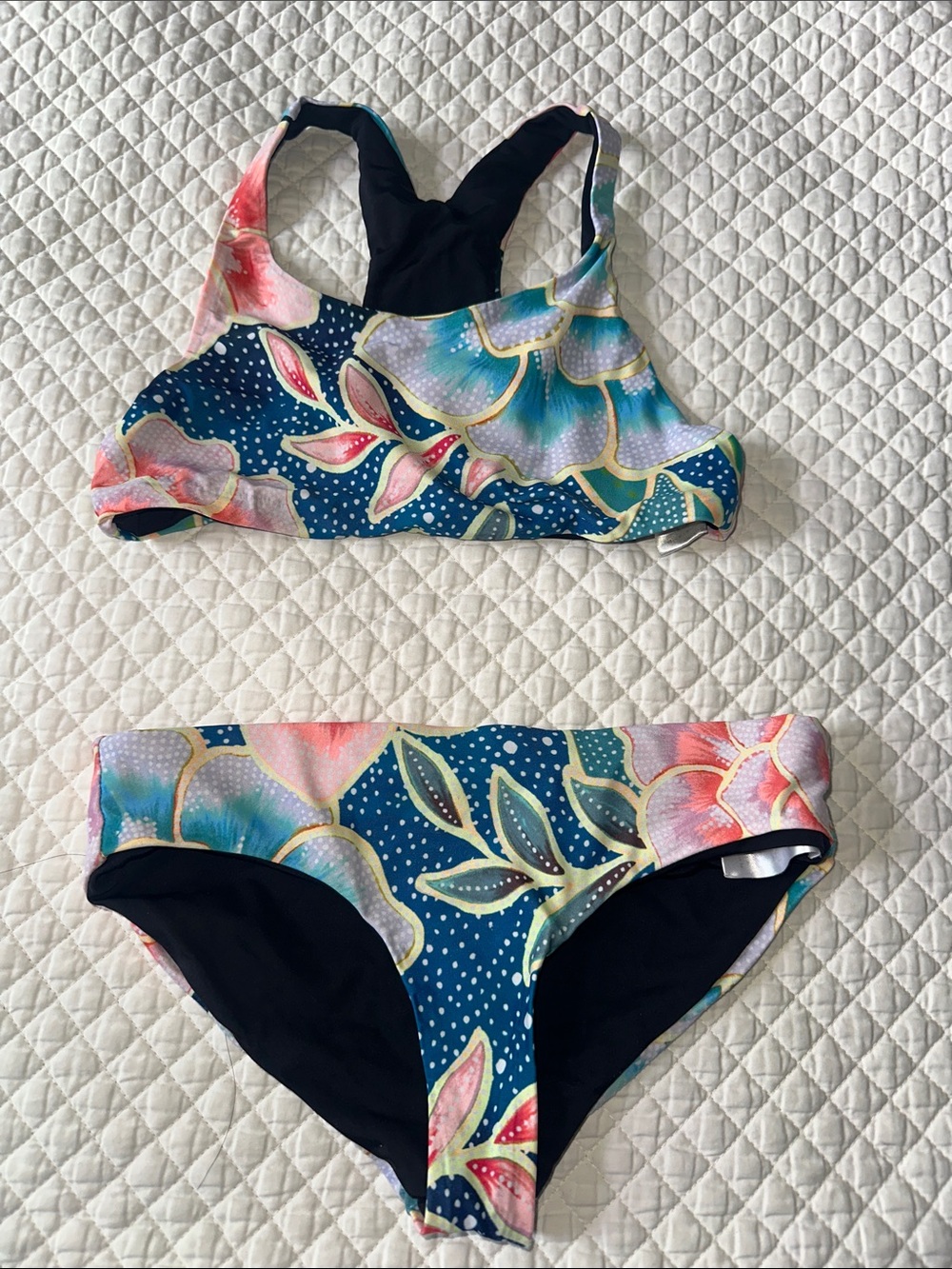 Mara Hoffman Floral Print Two-Piece Bikini Set in Navy and Pastel